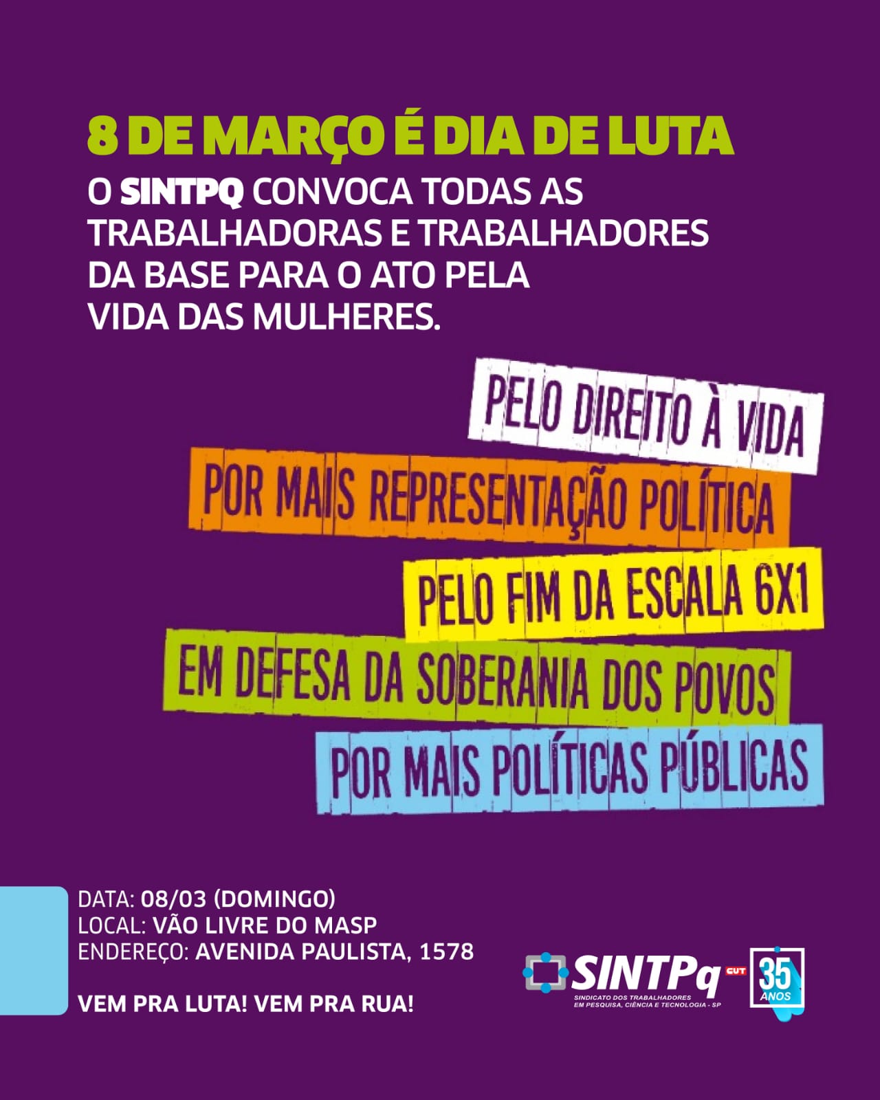 SINTPq convoca trabalhadoras e trabalhadores da base para o ato do 8 de Março